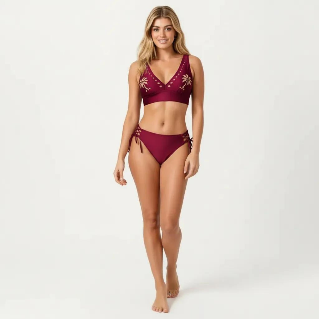Anna-Kaci Swim Women's 2-Piece Bikini Set with Palm Tree Cutout Bralette Top and Adjustable Side Tie Bottom