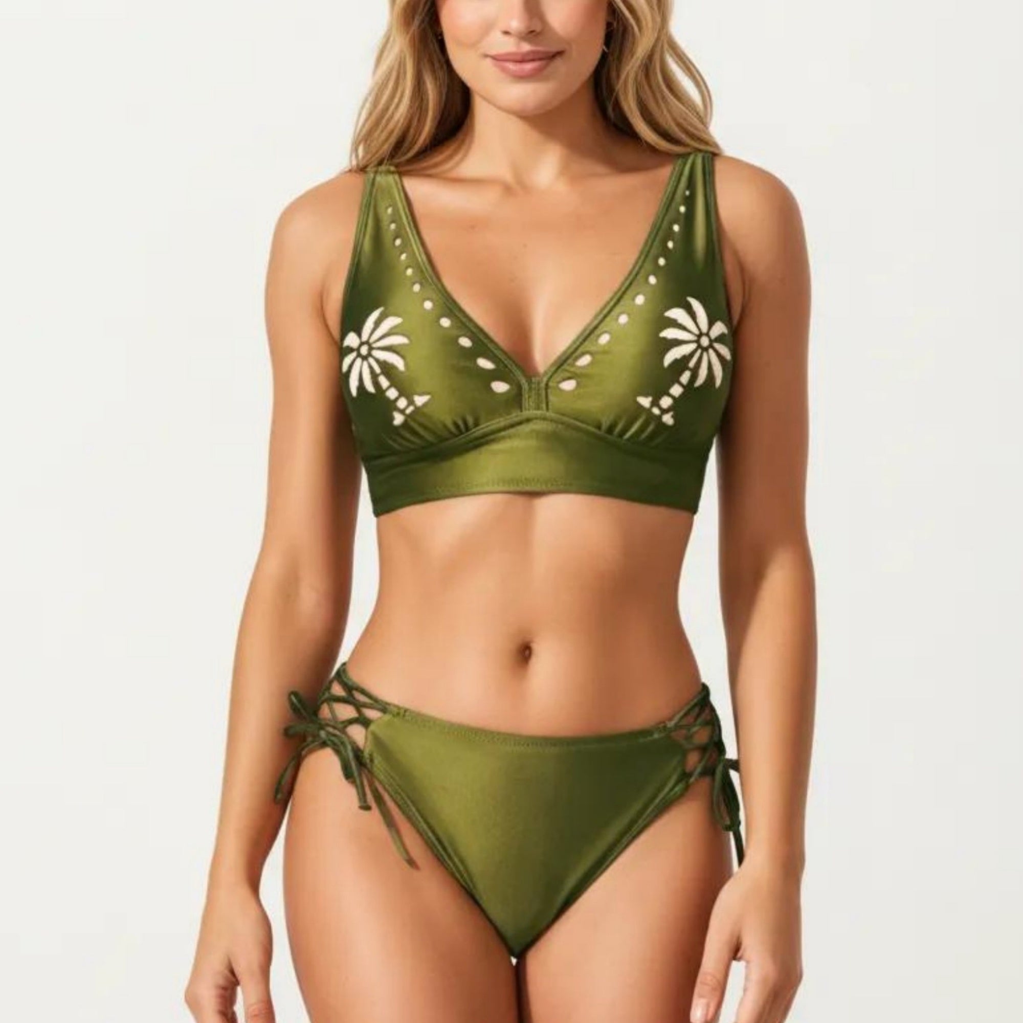 Anna-Kaci Swim Women's 2-Piece Bikini Set with Palm Tree Cutout Bralette Top and Adjustable Side Tie Bottom