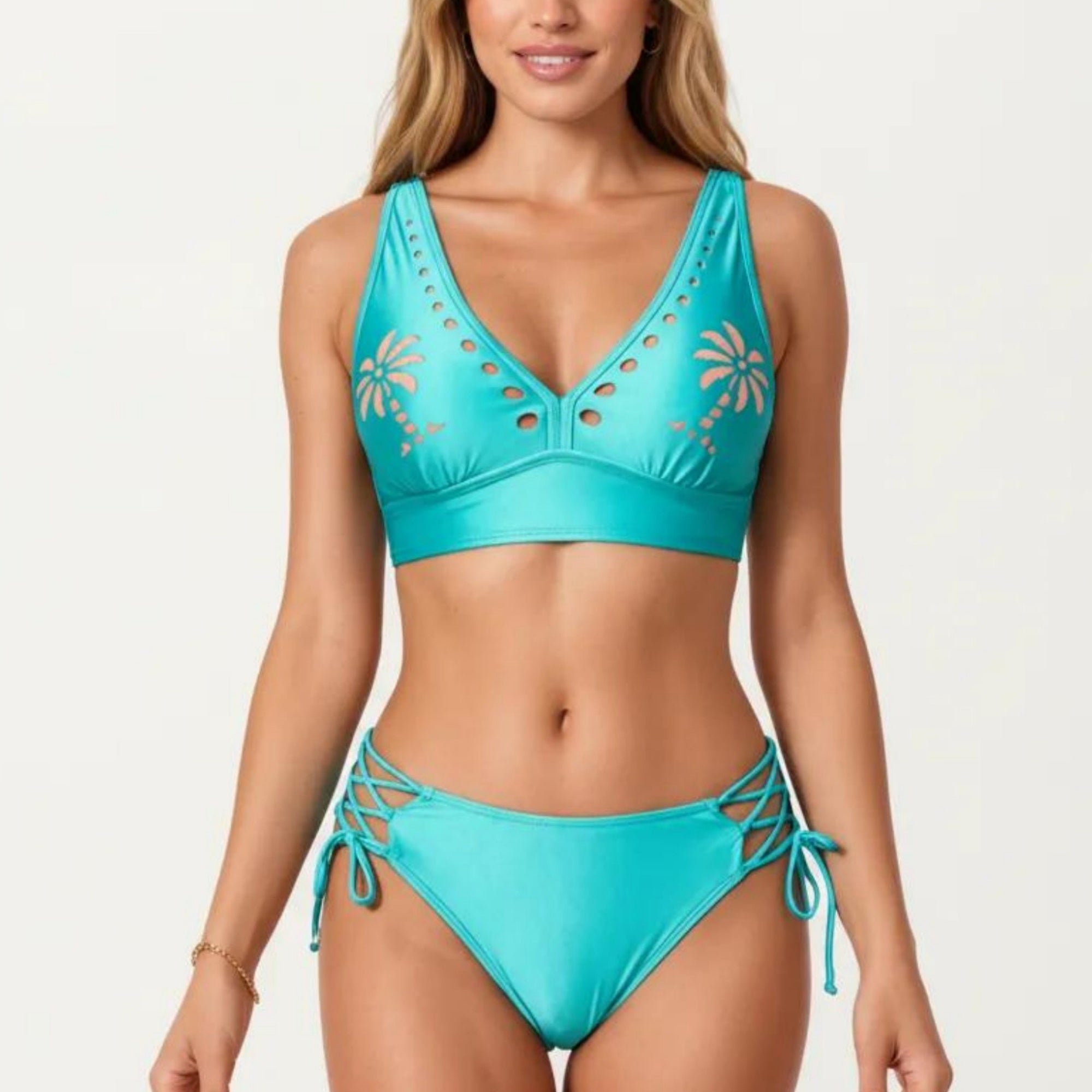 Anna-Kaci Swim Women's 2-Piece Bikini Set with Palm Tree Cutout Bralette Top and Adjustable Side Tie Bottom