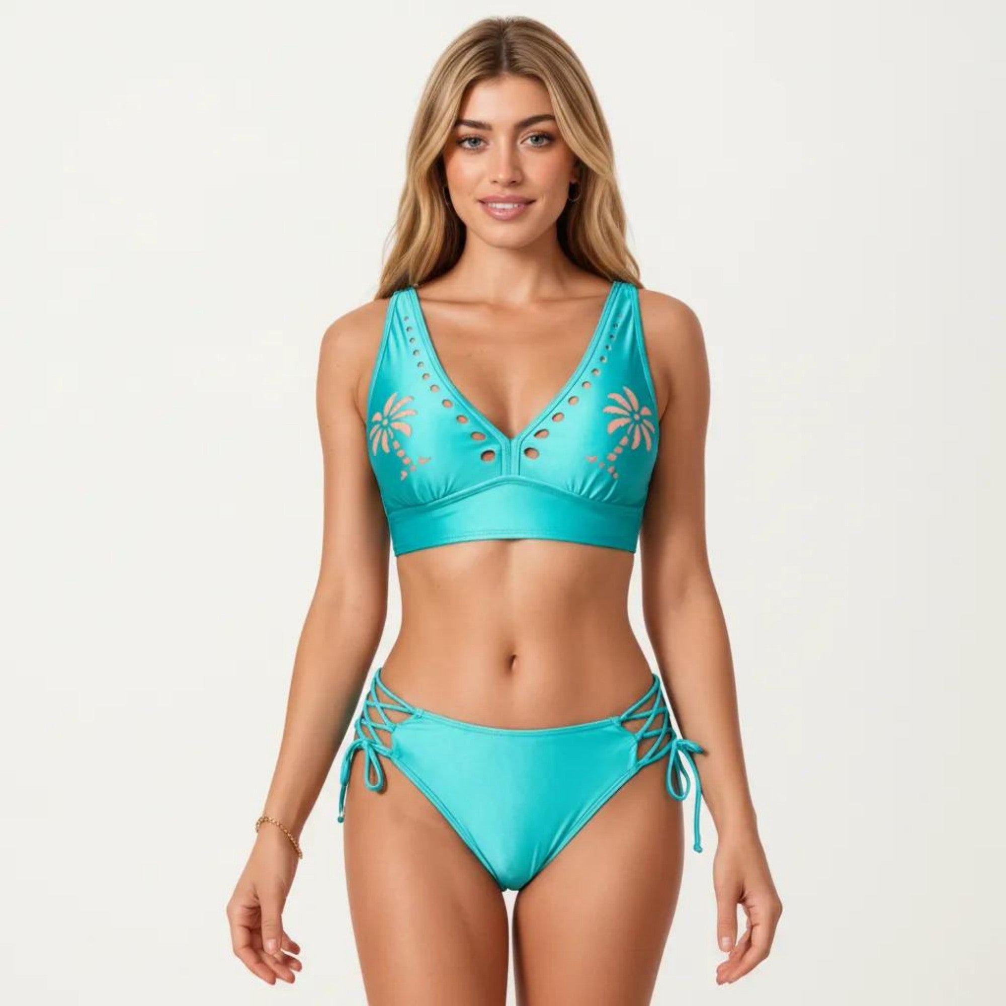 Anna-Kaci Swim Women's 2-Piece Bikini Set with Palm Tree Cutout Bralette Top and Adjustable Side Tie Bottom