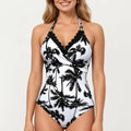 Anna-Kaci Swim Women's One Piece Swimsuit with Palm Tree Print Scalloped Neckline and Halter Strap Design