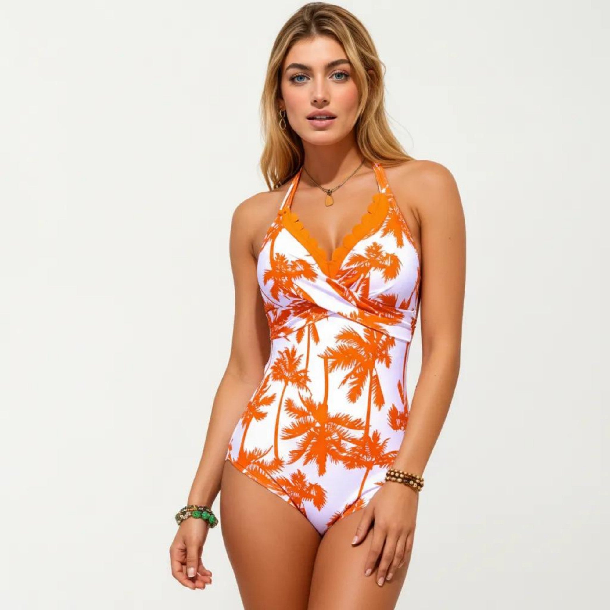Anna-Kaci Swim Women's One Piece Swimsuit with Palm Tree Print Scalloped Neckline and Halter Strap Design