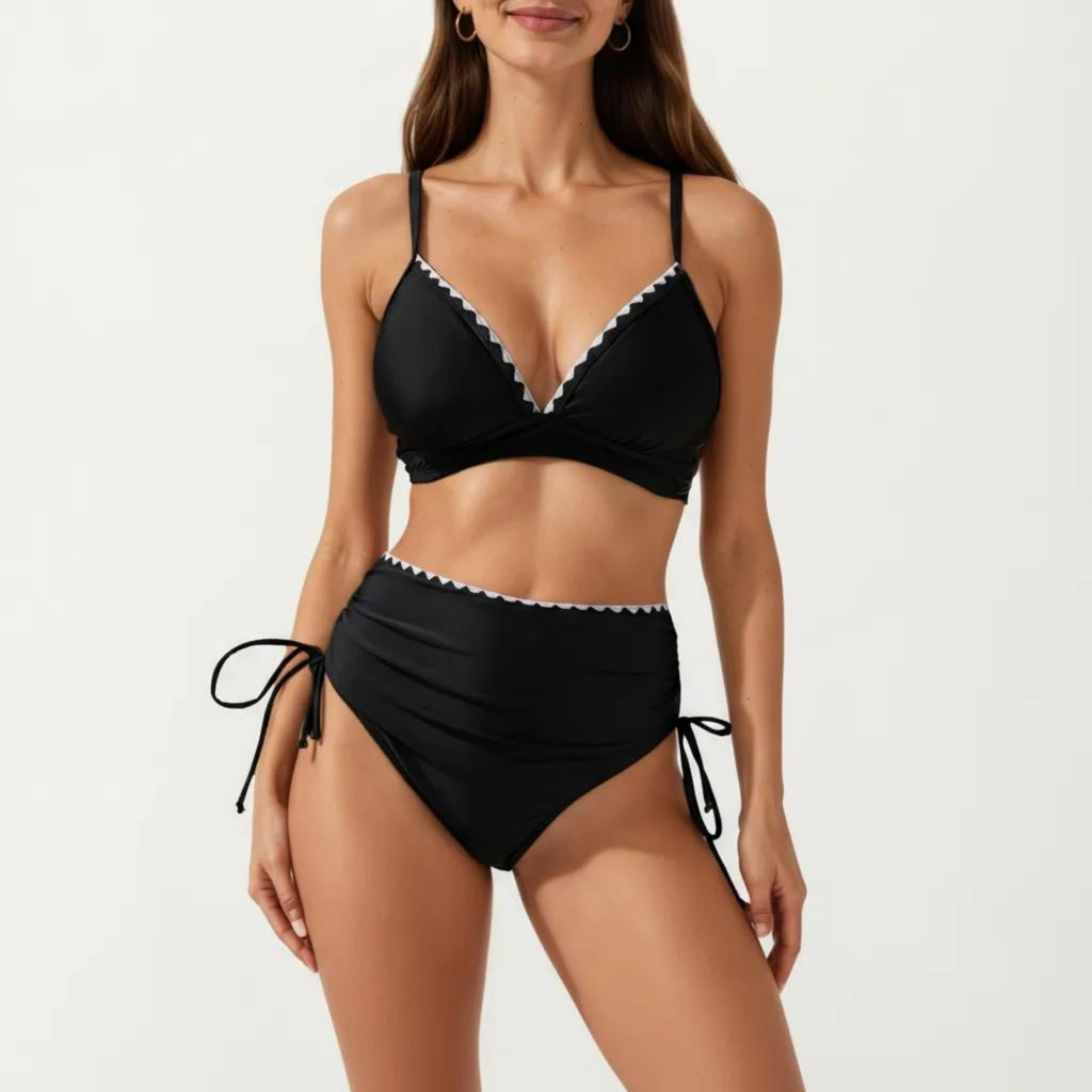 Anna-Kaci Swim Women's 2-Piece Bikini Set with Triangle Bralette Top Scalloped Trim and High Rise Tie Side Bottom