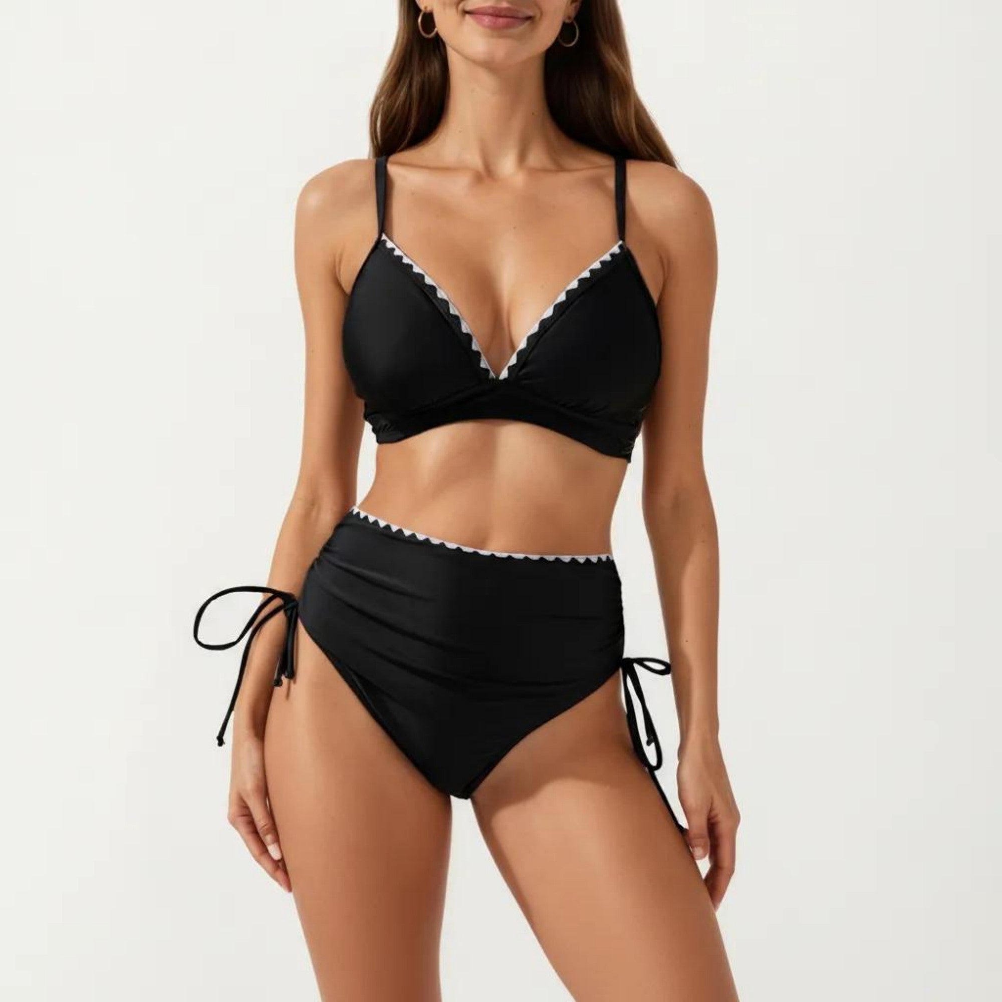 Anna-Kaci Swim Women's 2-Piece Bikini Set with Triangle Bralette Top Scalloped Trim and High Rise Tie Side Bottom