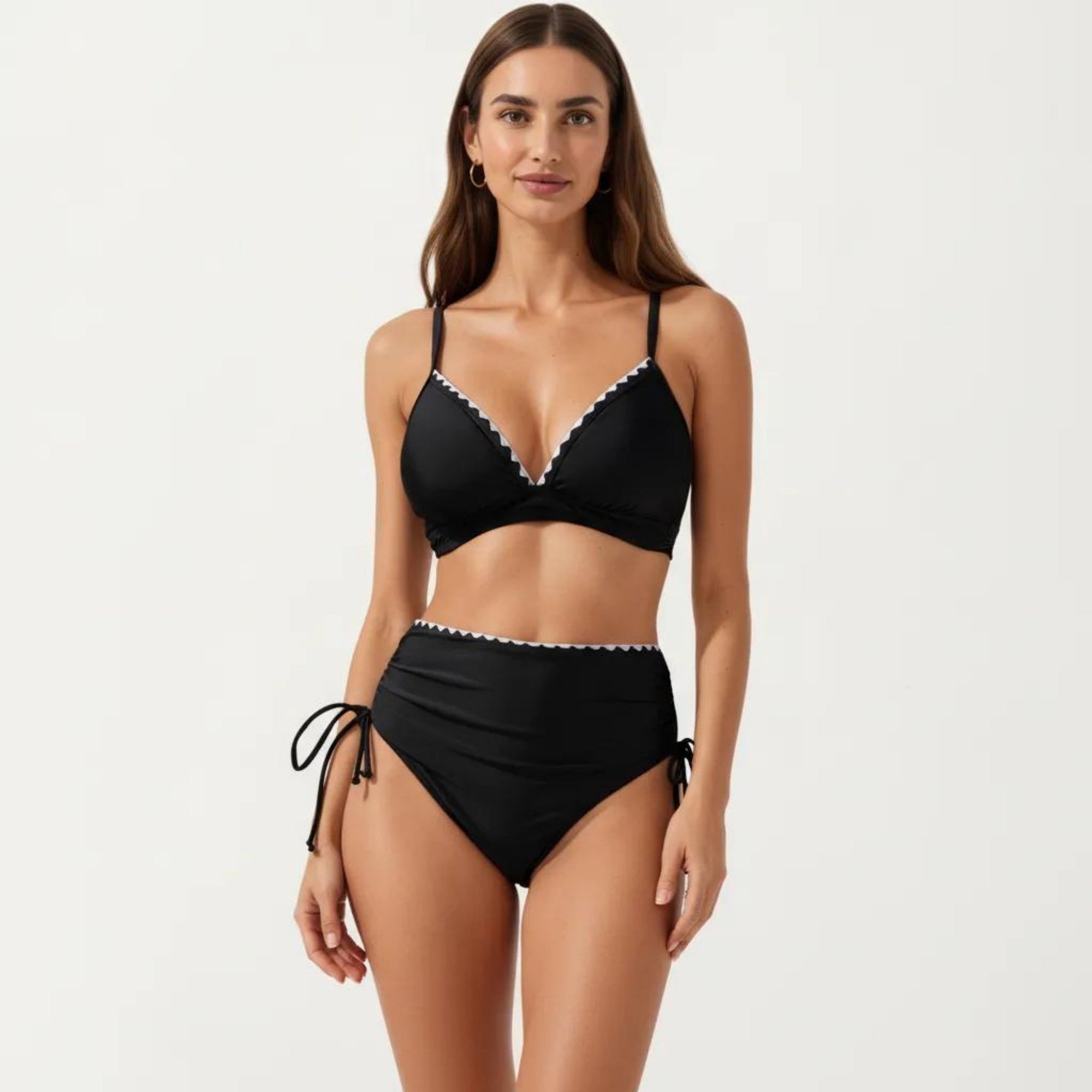 Anna-Kaci Swim Women's 2-Piece Bikini Set with Triangle Bralette Top Scalloped Trim and High Rise Tie Side Bottom