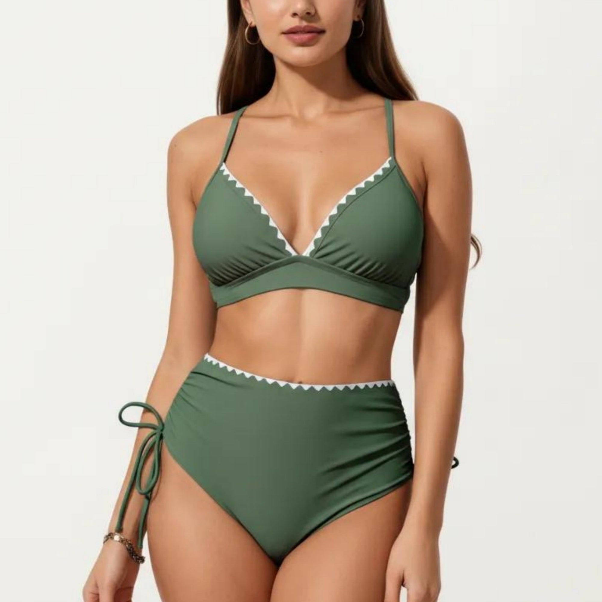 Anna-Kaci Swim Women's 2-Piece Bikini Set with Triangle Bralette Top Scalloped Trim and High Rise Tie Side Bottom