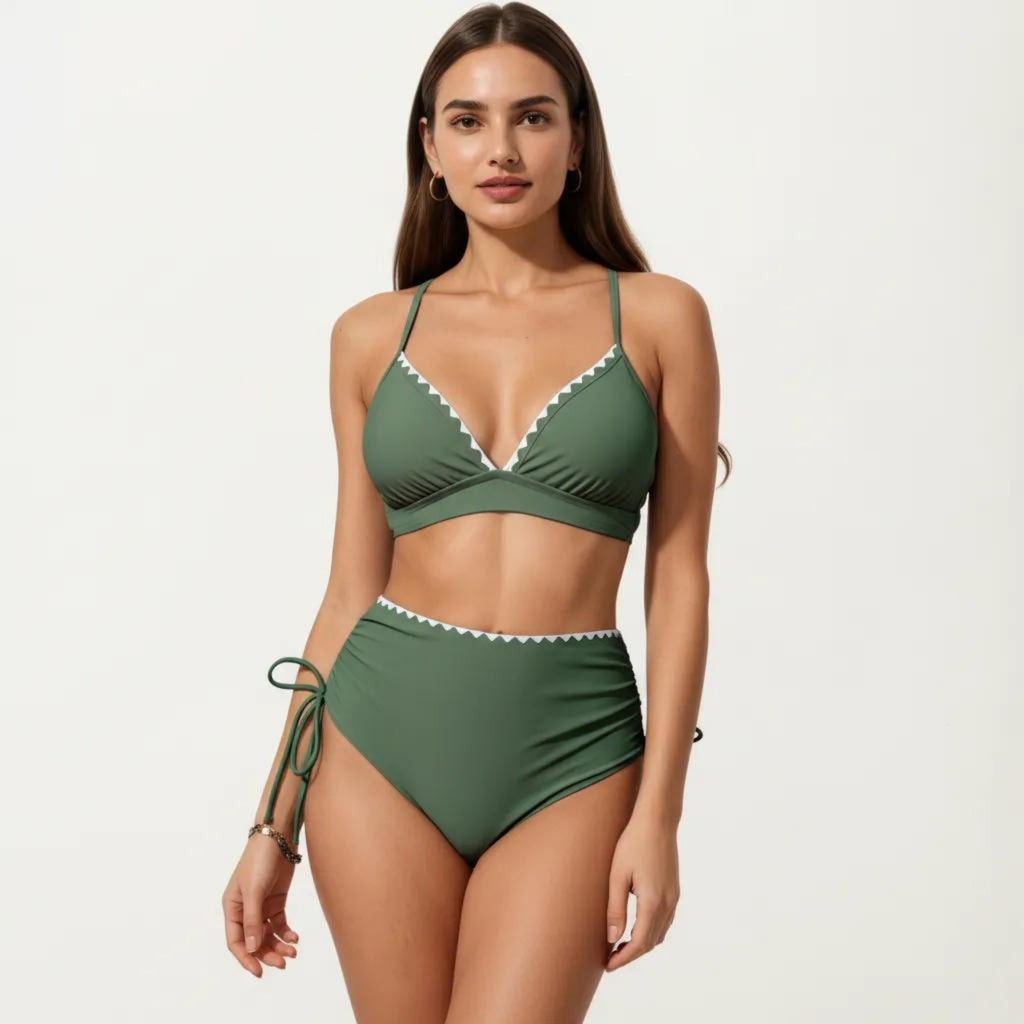 Anna-Kaci Swim Women's 2-Piece Bikini Set with Triangle Bralette Top Scalloped Trim and High Rise Tie Side Bottom