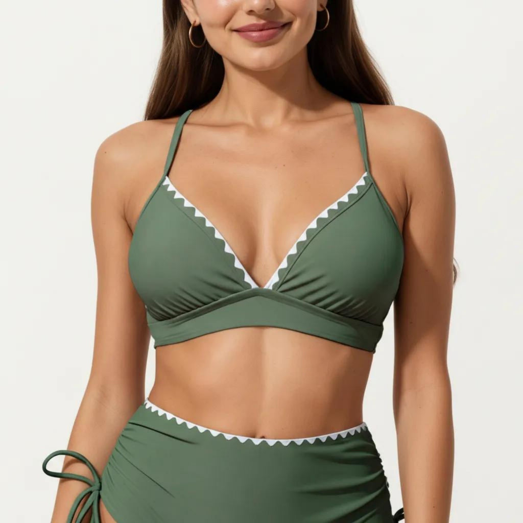 Anna-Kaci Swim Women's 2-Piece Bikini Set with Triangle Bralette Top Scalloped Trim and High Rise Tie Side Bottom