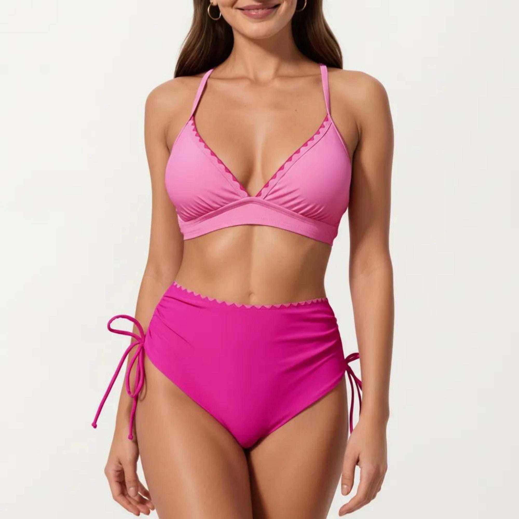 Anna-Kaci Swim Women's 2-Piece Bikini Set with Triangle Bralette Top Scalloped Trim and High Rise Tie Side Bottom
