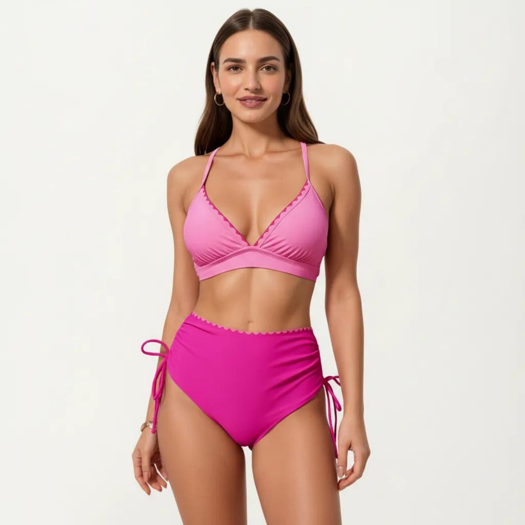 Anna-Kaci Swim Women's 2-Piece Bikini Set with Triangle Bralette Top Scalloped Trim and High Rise Tie Side Bottom