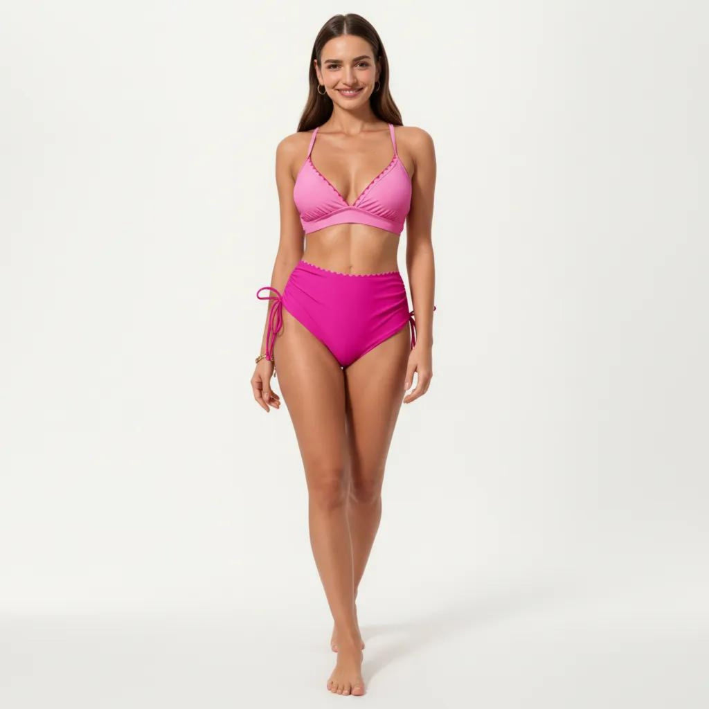 Anna-Kaci Swim Women's 2-Piece Bikini Set with Triangle Bralette Top Scalloped Trim and High Rise Tie Side Bottom