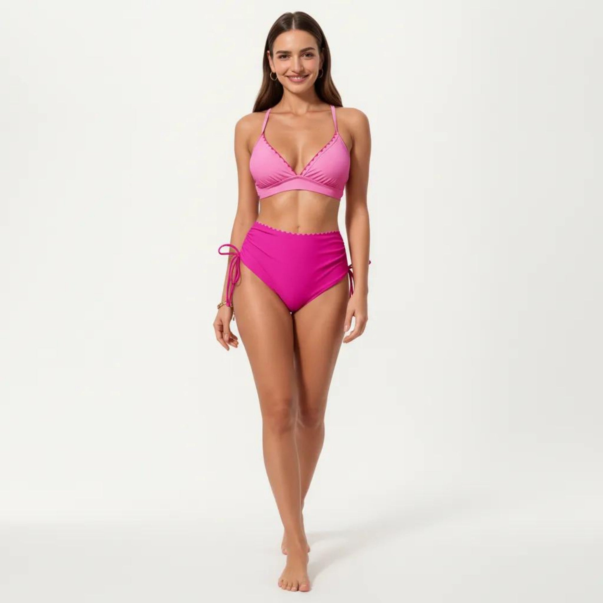 Anna-Kaci Swim Women's 2-Piece Bikini Set with Triangle Bralette Top Scalloped Trim and High Rise Tie Side Bottom