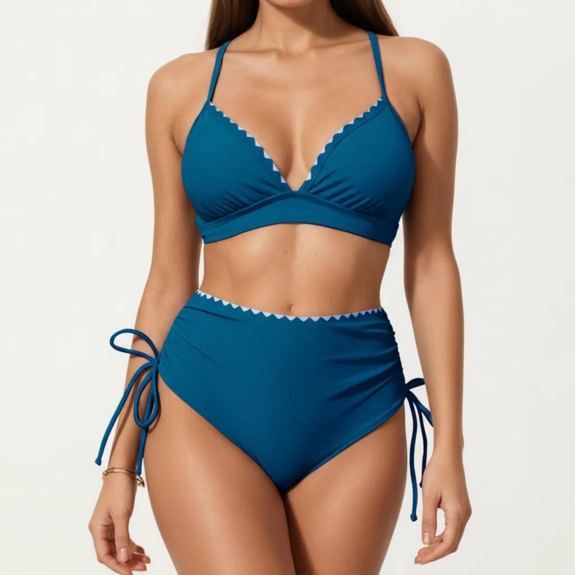 Anna-Kaci Swim Women's 2-Piece Bikini Set with Triangle Bralette Top Scalloped Trim and High Rise Tie Side Bottom