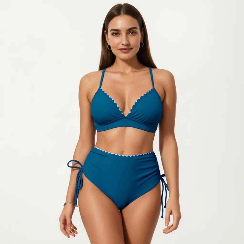 Anna-Kaci Swim Women's 2-Piece Bikini Set with Triangle Bralette Top Scalloped Trim and High Rise Tie Side Bottom