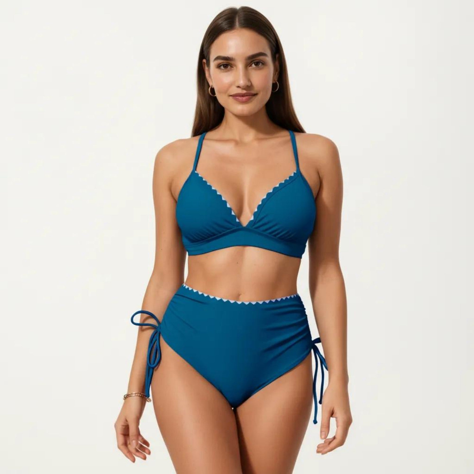 Anna-Kaci Swim Women's 2-Piece Bikini Set with Triangle Bralette Top Scalloped Trim and High Rise Tie Side Bottom