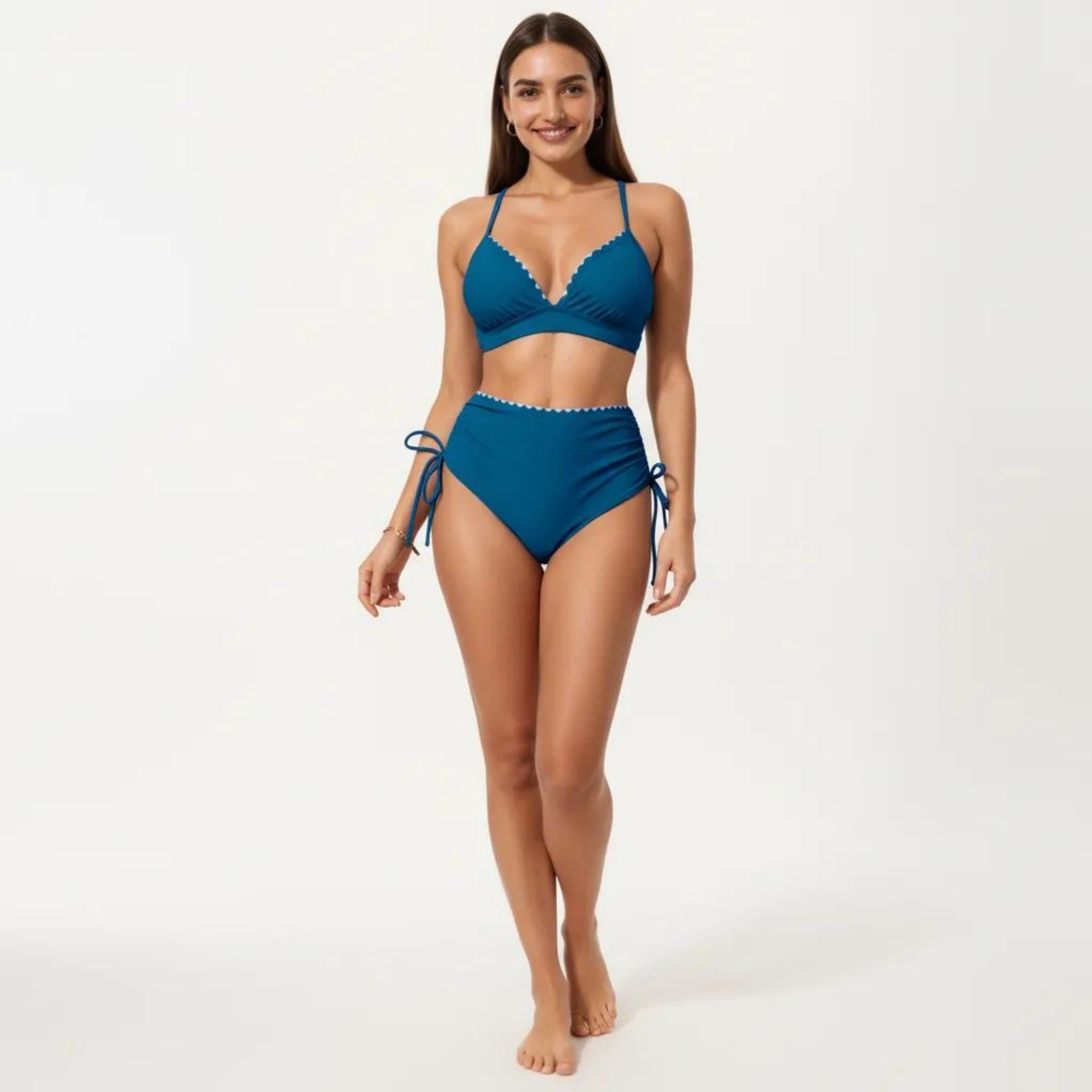 Anna-Kaci Swim Women's 2-Piece Bikini Set with Triangle Bralette Top Scalloped Trim and High Rise Tie Side Bottom