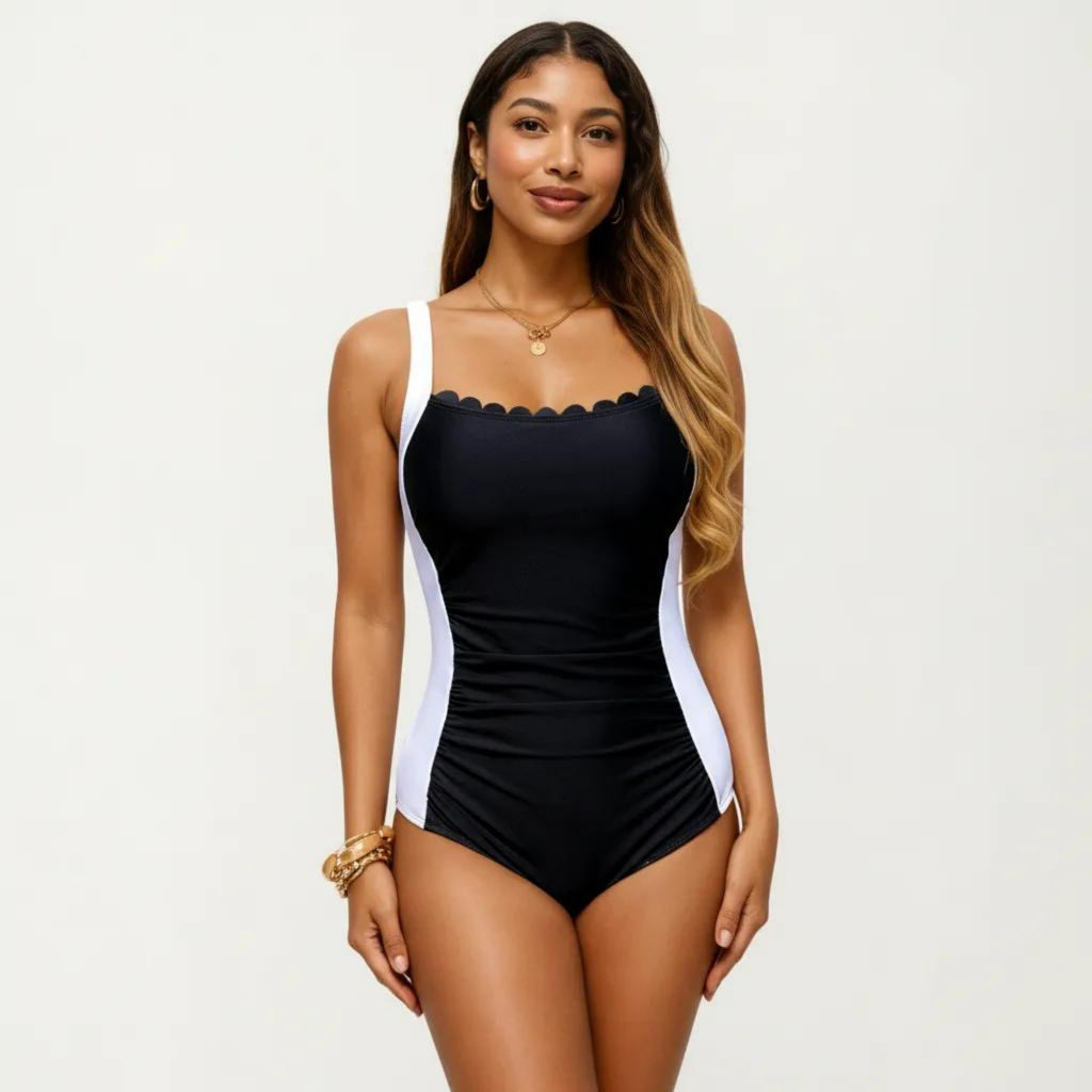 Anna-Kaci Swim Women's One Piece Swimsuit with Scalloped Neckline Contour Side Panels and Adjustable Straps