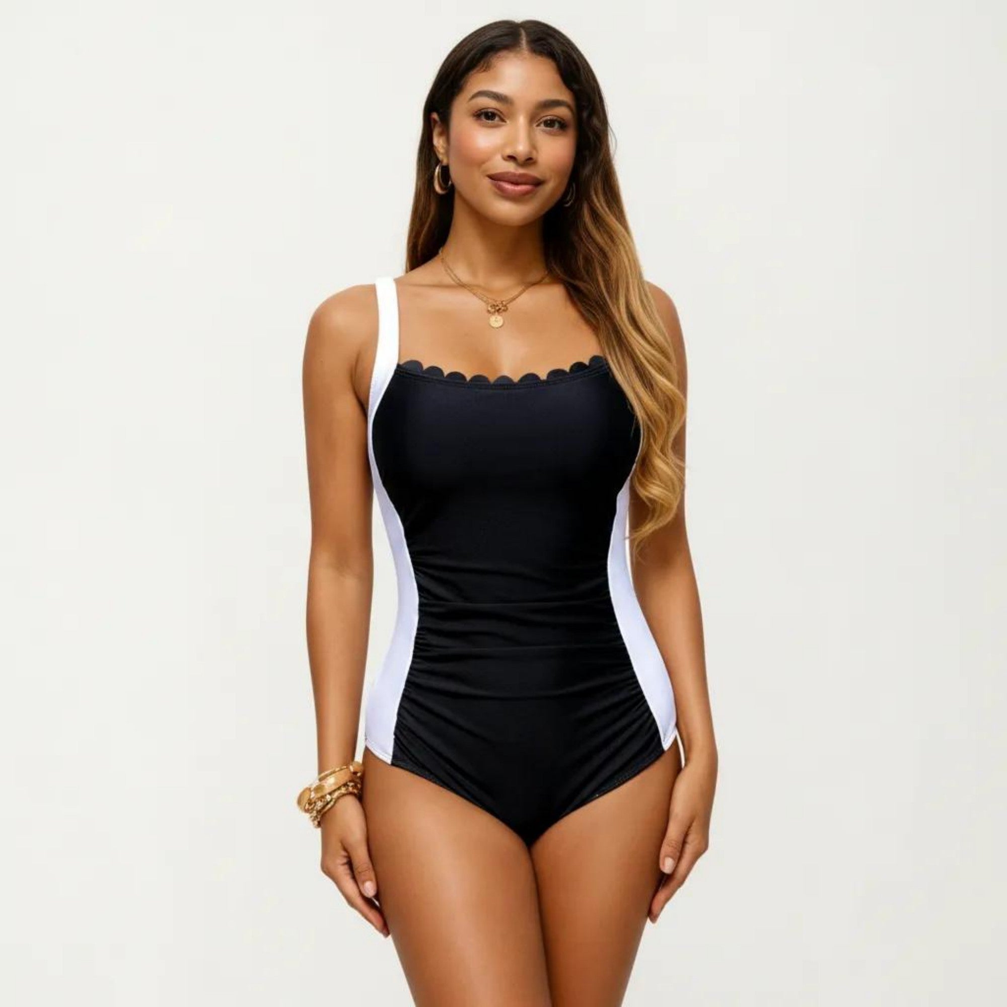 Anna-Kaci Swim Women's One Piece Swimsuit with Scalloped Neckline Contour Side Panels and Adjustable Straps