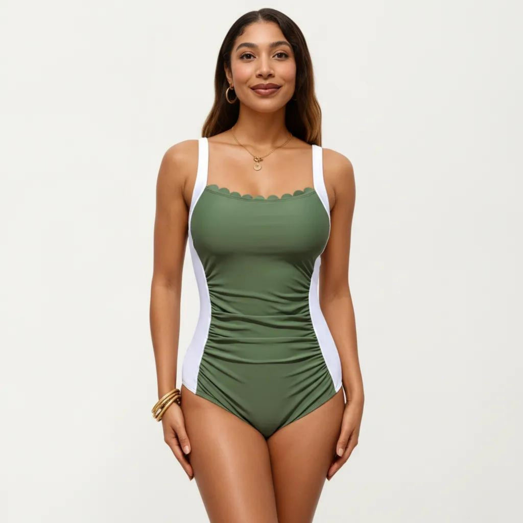 Anna-Kaci Swim Women's One Piece Swimsuit with Scalloped Neckline Contour Side Panels and Adjustable Straps