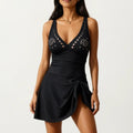 Anna-Kaci Swim Women's One Piece Swimsuit with Decorative Stud Bust Detail and Wrap Skirt Tie Accent