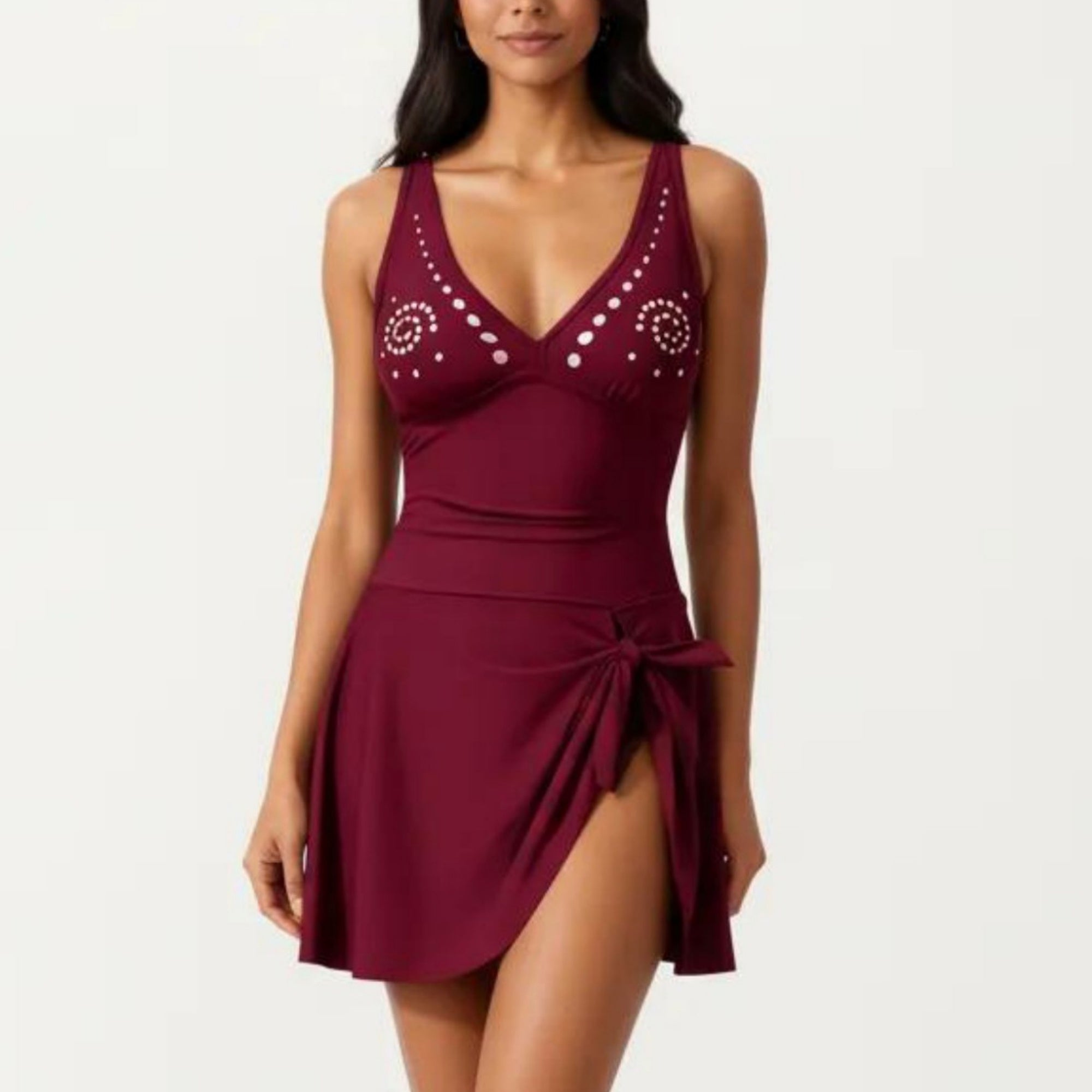Anna-Kaci Swim Women's One Piece Swimsuit with Decorative Stud Bust Detail and Wrap Skirt Tie Accent