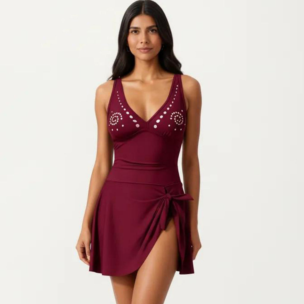 Anna-Kaci Swim Women's One Piece Swimsuit with Decorative Stud Bust Detail and Wrap Skirt Tie Accent