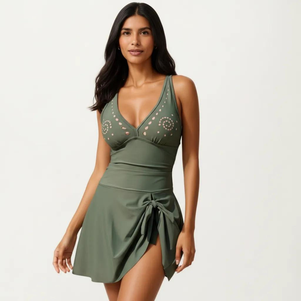 Anna-Kaci Swim Women's One Piece Swimsuit with Decorative Stud Bust Detail and Wrap Skirt Tie Accent