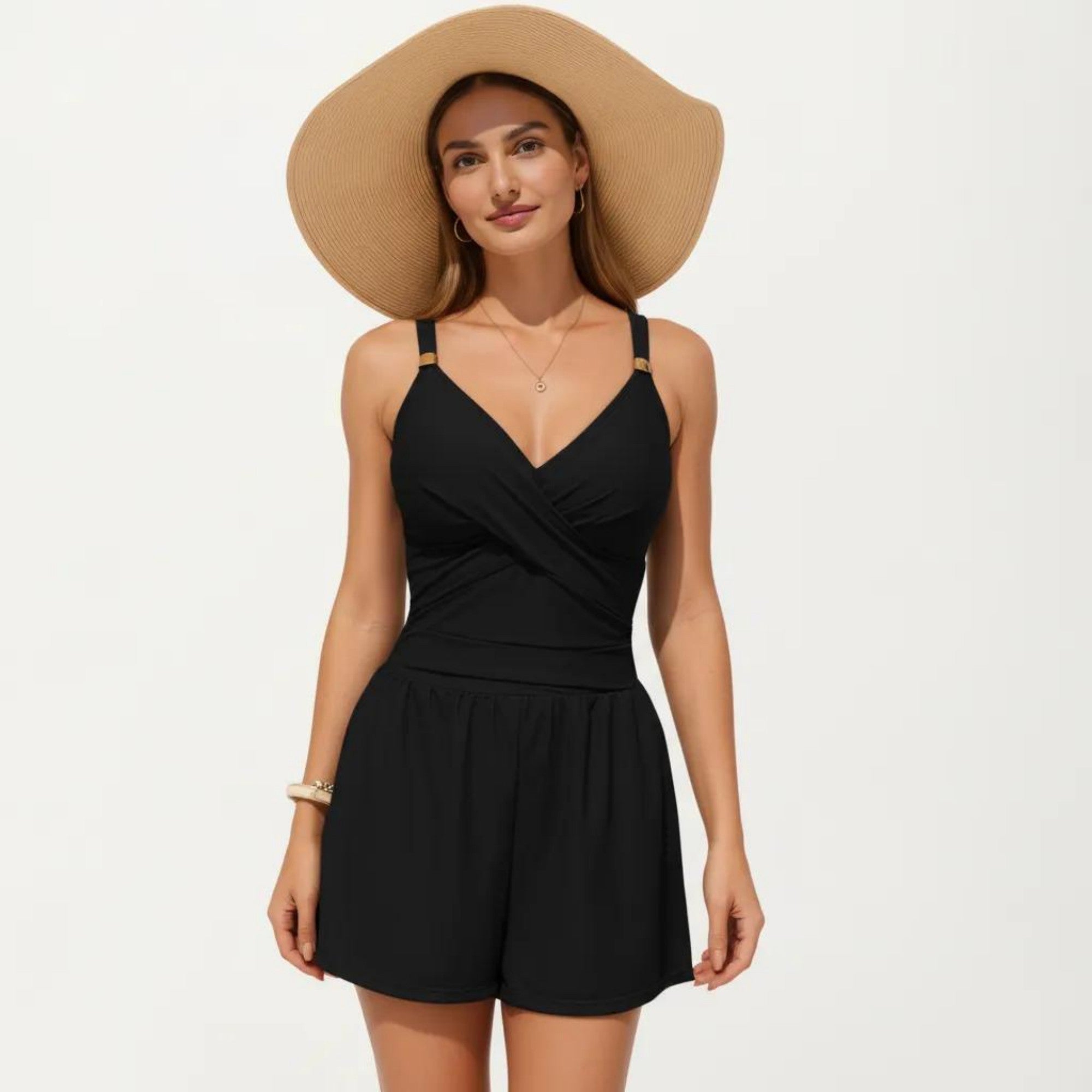 Anna-Kaci Swim Women's One Piece Swim Romper with Crisscross Bust Adjustable Straps and Relaxed Short Bottom