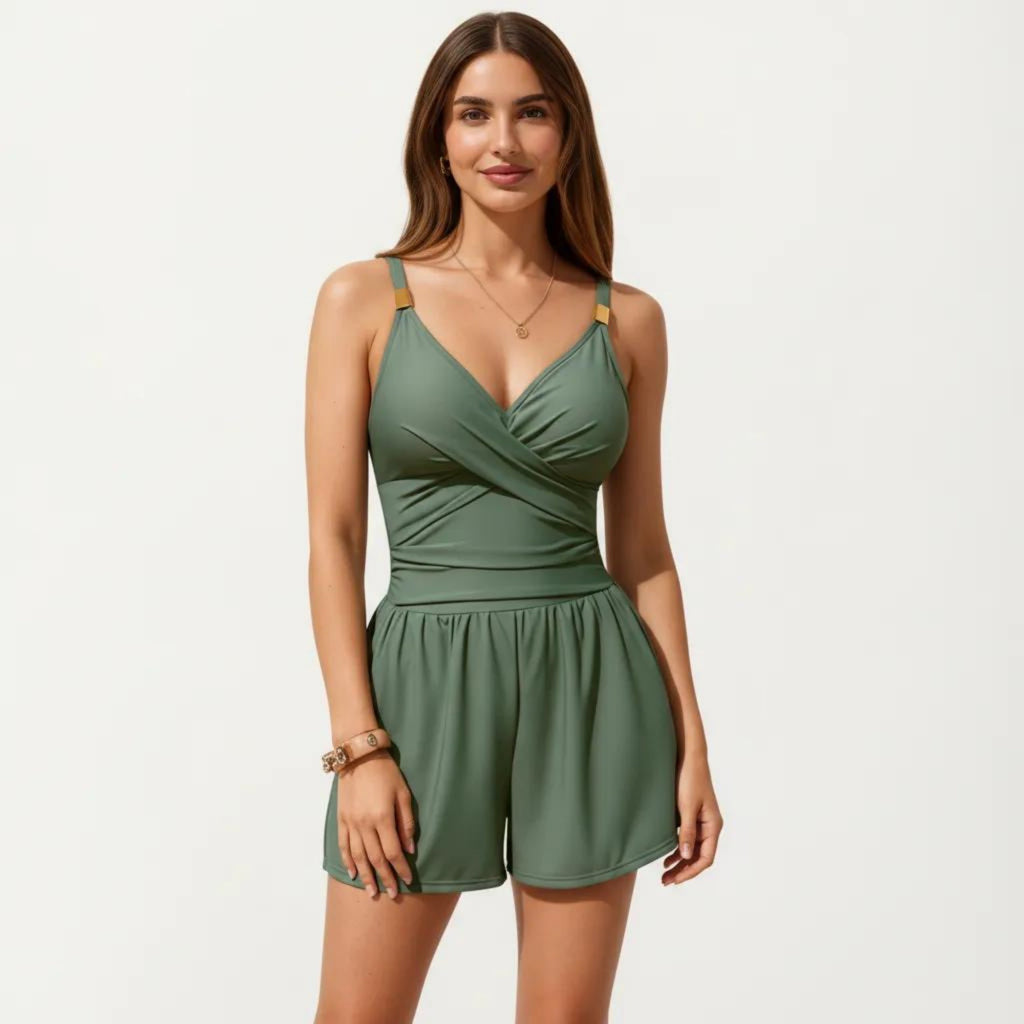 Anna-Kaci Swim Women's One Piece Swim Romper with Crisscross Bust Adjustable Straps and Relaxed Short Bottom
