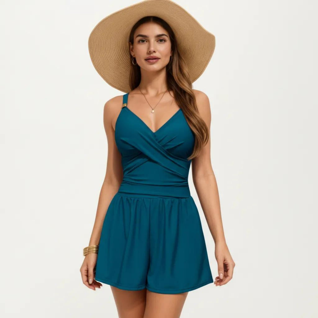 Anna-Kaci Swim Women's One Piece Swim Romper with Crisscross Bust Adjustable Straps and Relaxed Short Bottom