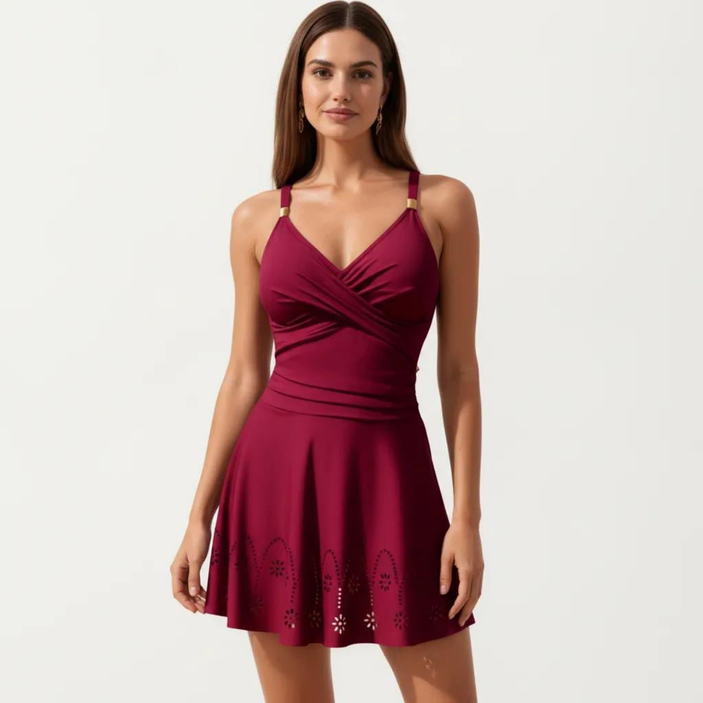 Anna-Kaci Swim Women's One Piece Swimsuit with Crisscross Bust Detail Adjustable Straps and Flared Skirted Silhouette