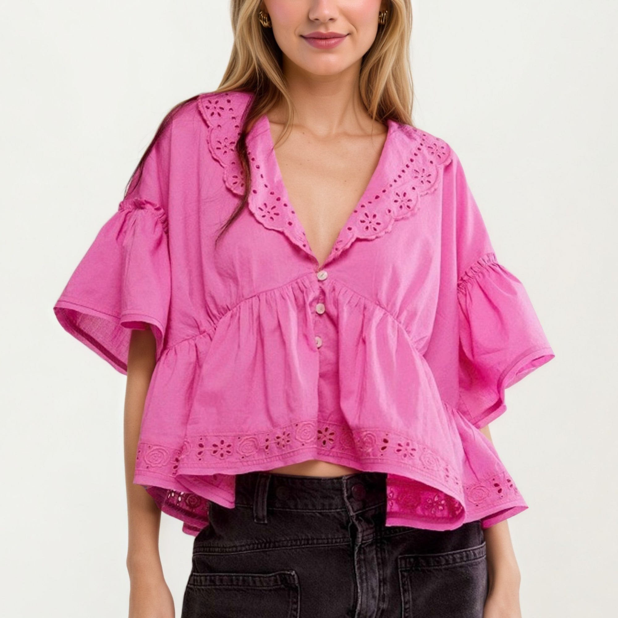 Anna-Kaci Womens Short Sleeve V Neck Eyelet Trim Babydoll Woven Blouse Top