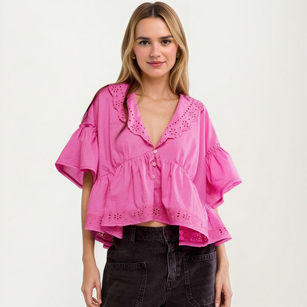 Anna-Kaci Womens Short Sleeve V Neck Eyelet Trim Babydoll Woven Blouse Top