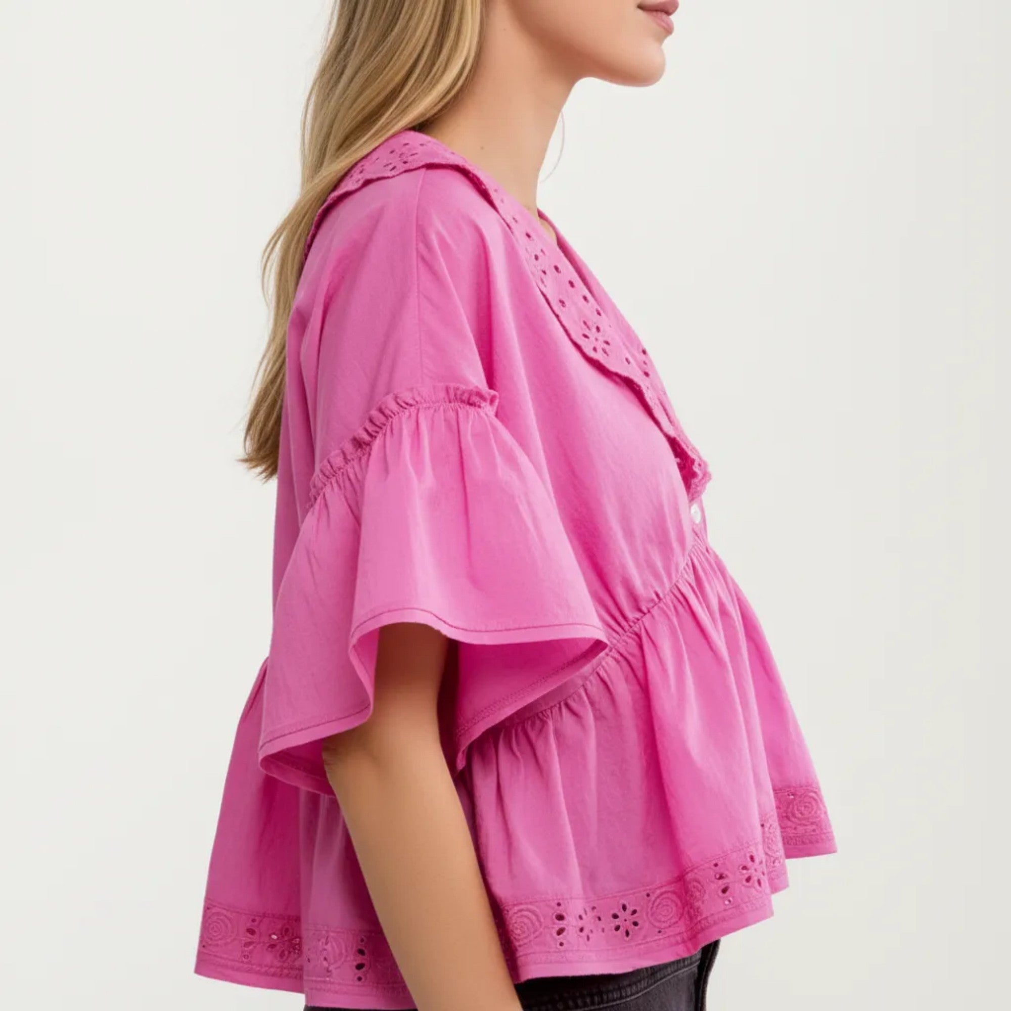 Anna-Kaci Womens Short Sleeve V Neck Eyelet Trim Babydoll Woven Blouse Top