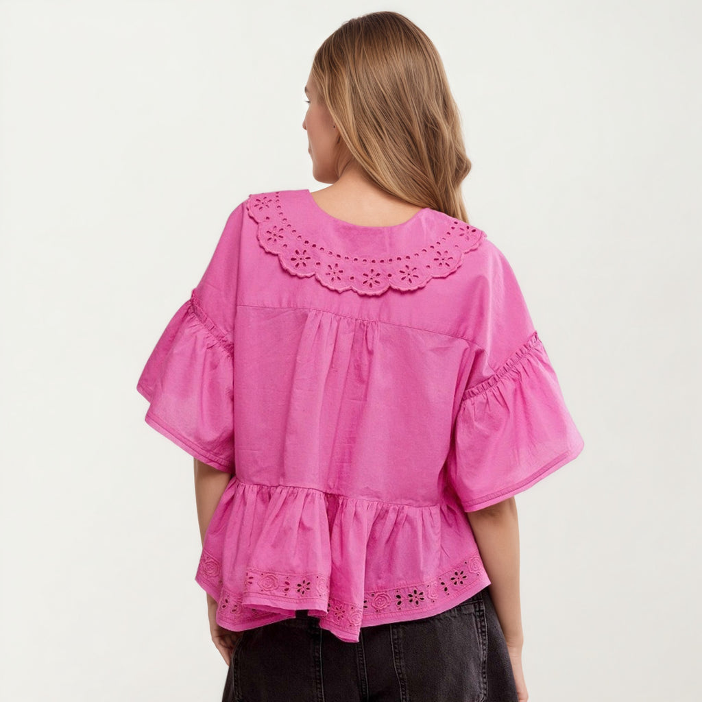 Anna-Kaci Womens Short Sleeve V Neck Eyelet Trim Babydoll Woven Blouse Top
