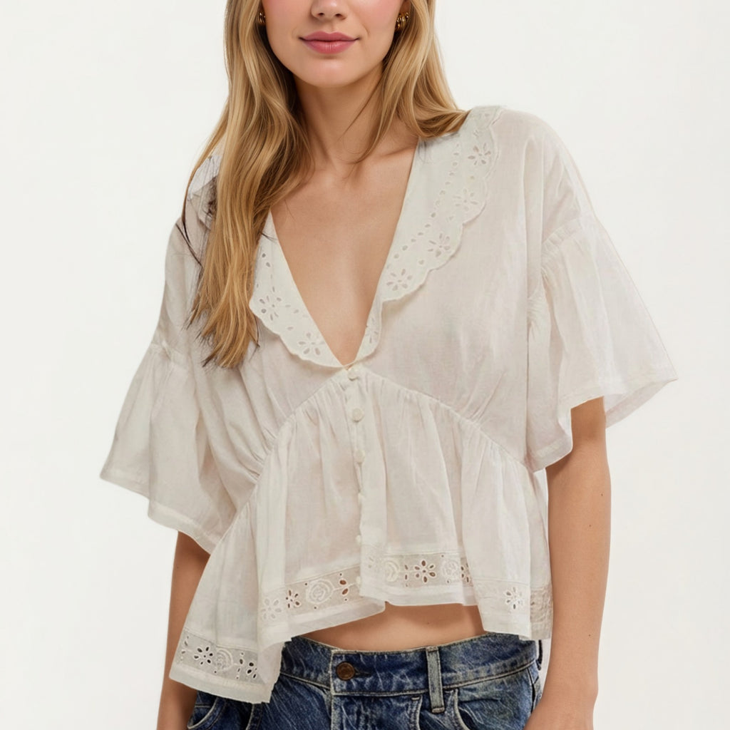 Anna-Kaci Womens Short Sleeve V Neck Eyelet Trim Babydoll Woven Blouse Top