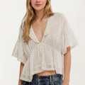 Anna-Kaci Womens Short Sleeve V Neck Eyelet Trim Babydoll Woven Blouse Top