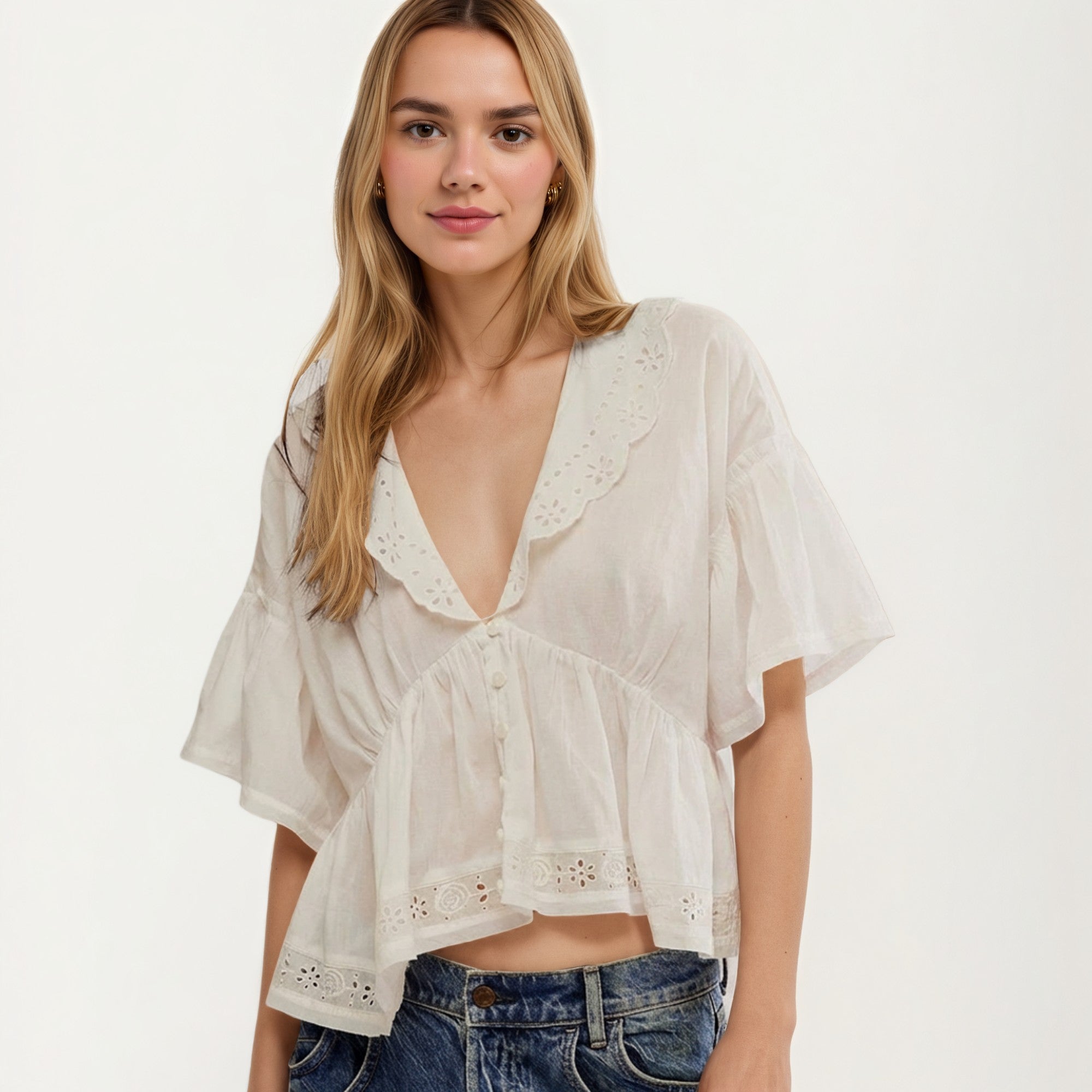 Anna-Kaci Womens Short Sleeve V Neck Eyelet Trim Babydoll Woven Blouse Top