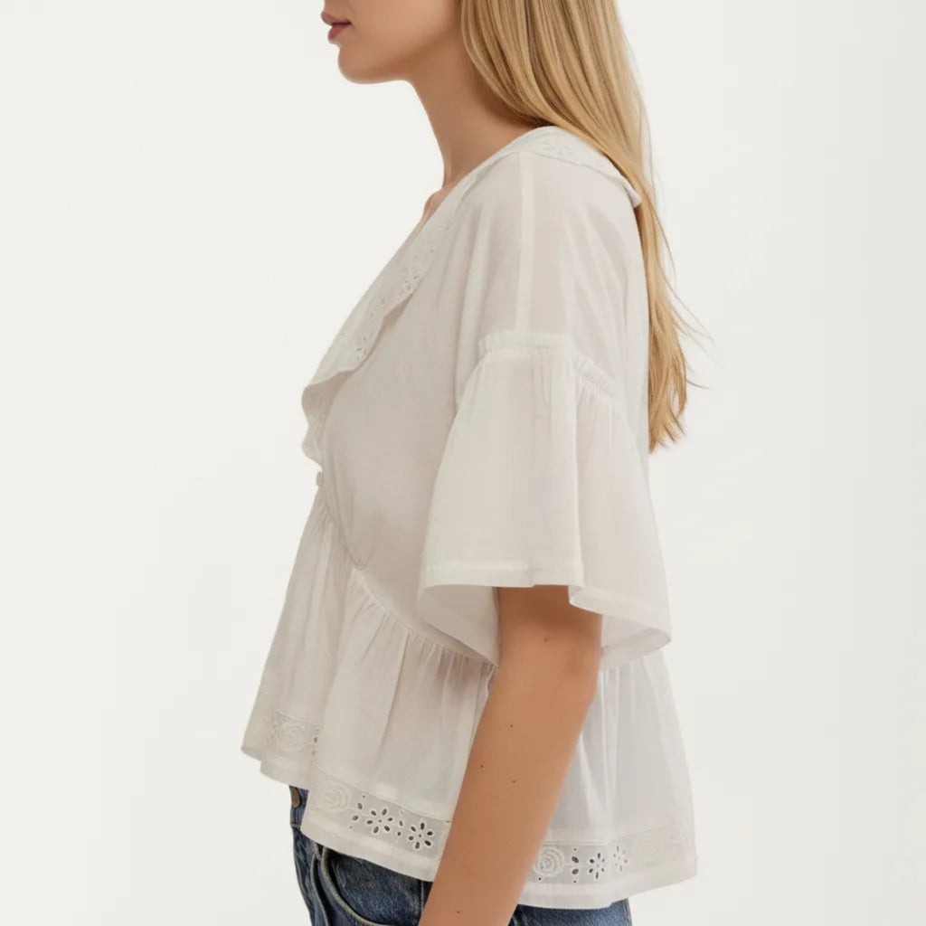 Anna-Kaci Womens Short Sleeve V Neck Eyelet Trim Babydoll Woven Blouse Top