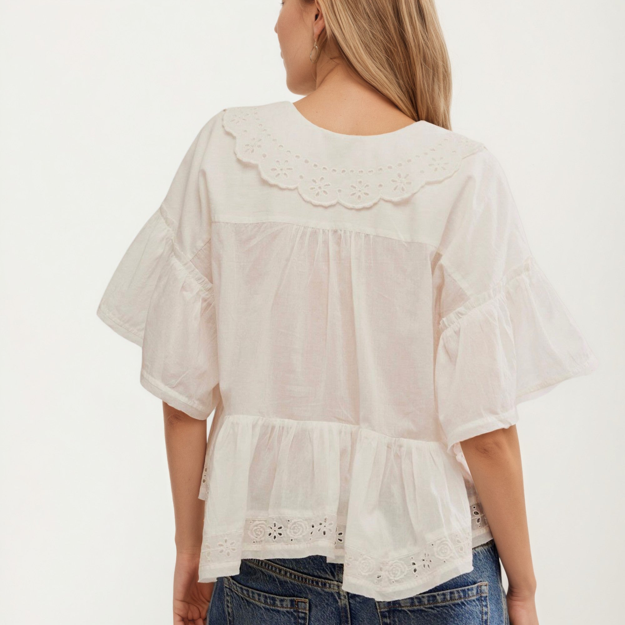 Anna-Kaci Womens Short Sleeve V Neck Eyelet Trim Babydoll Woven Blouse Top