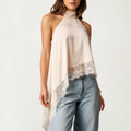 Anna-Kaci Womens Sleeveless High Neck Lace Trim Asymmetric Hem Woven Blouse Top