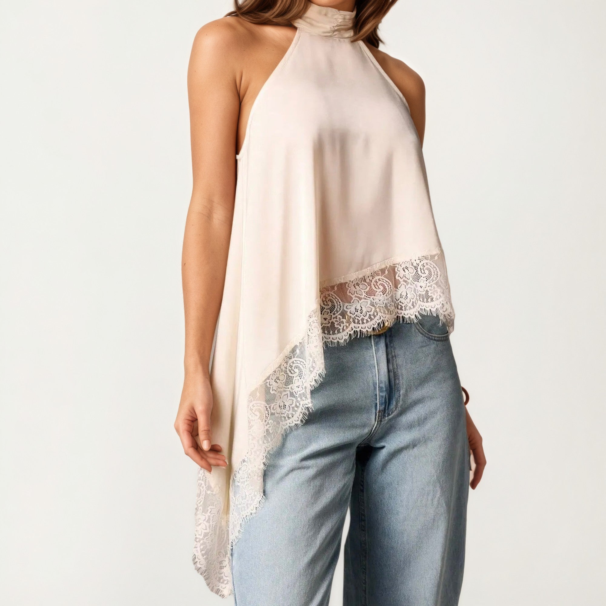 Anna-Kaci Womens Sleeveless High Neck Lace Trim Asymmetric Hem Woven Blouse Top