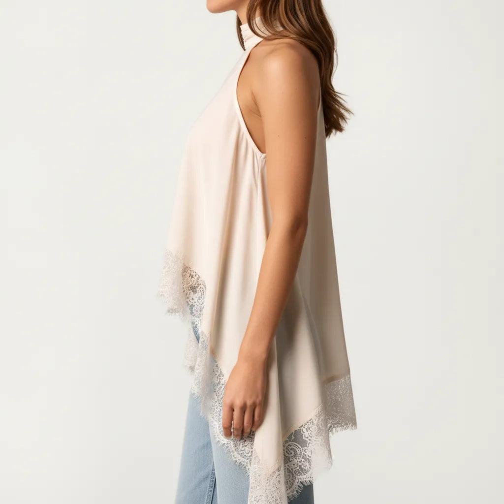 Anna-Kaci Womens Sleeveless High Neck Lace Trim Asymmetric Hem Woven Blouse Top