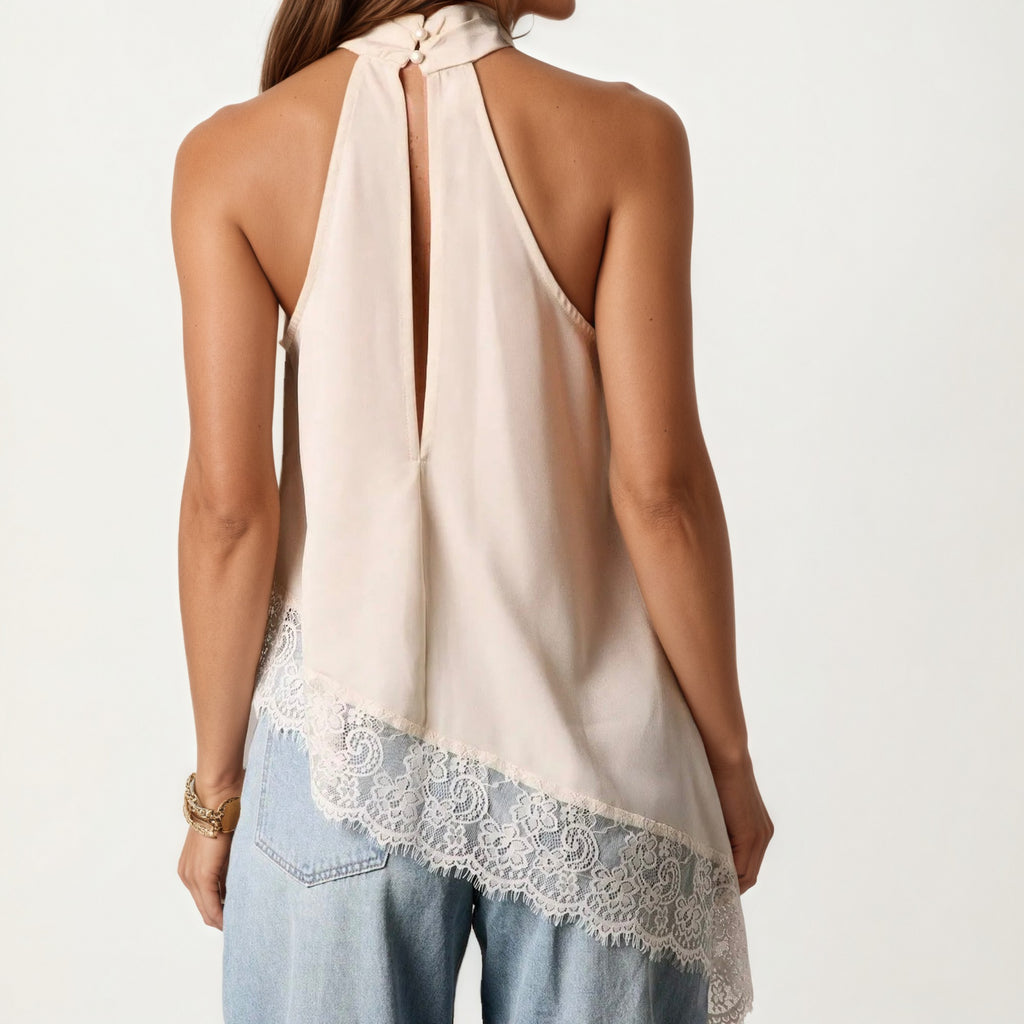 Anna-Kaci Womens Sleeveless High Neck Lace Trim Asymmetric Hem Woven Blouse Top