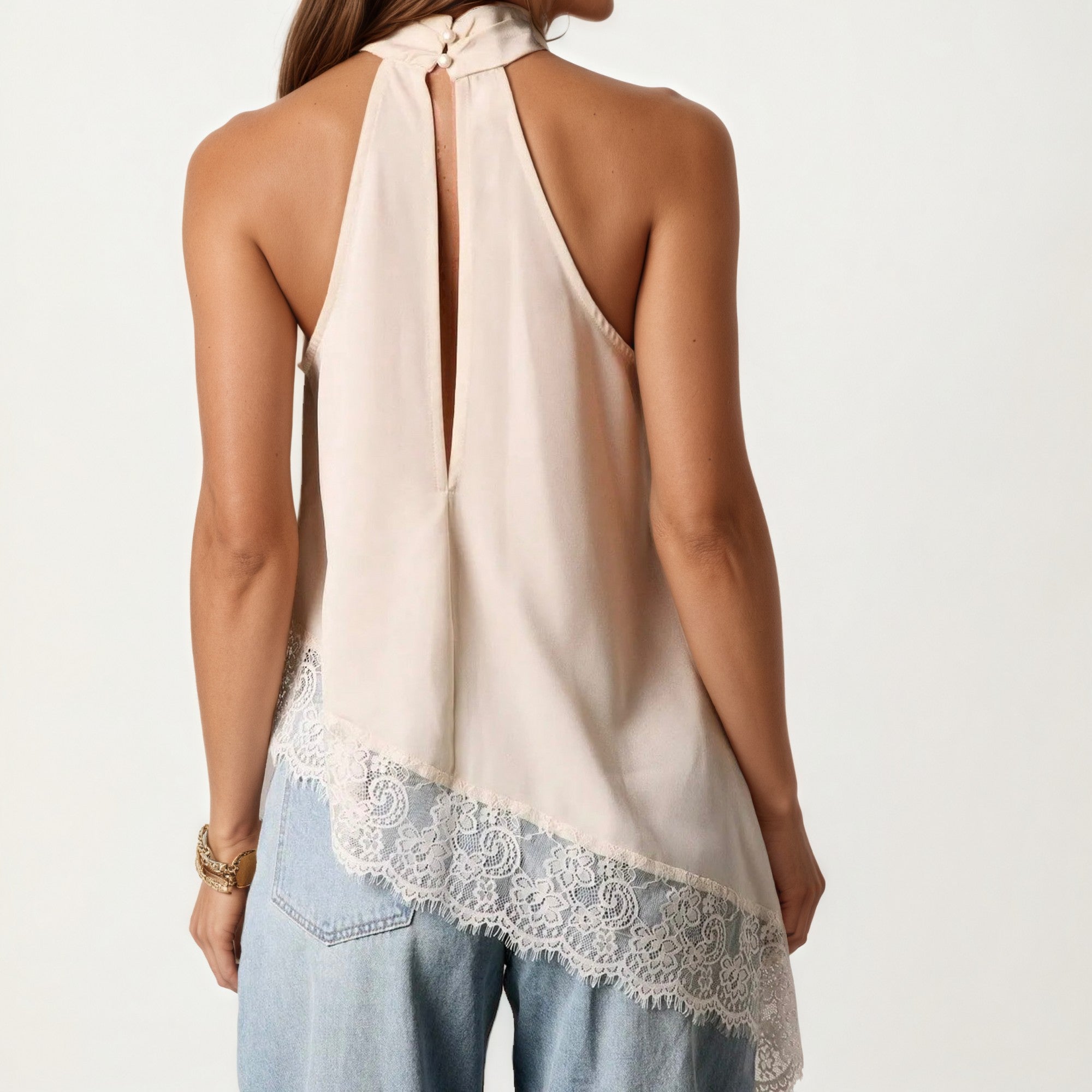 Anna-Kaci Womens Sleeveless High Neck Lace Trim Asymmetric Hem Woven Blouse Top