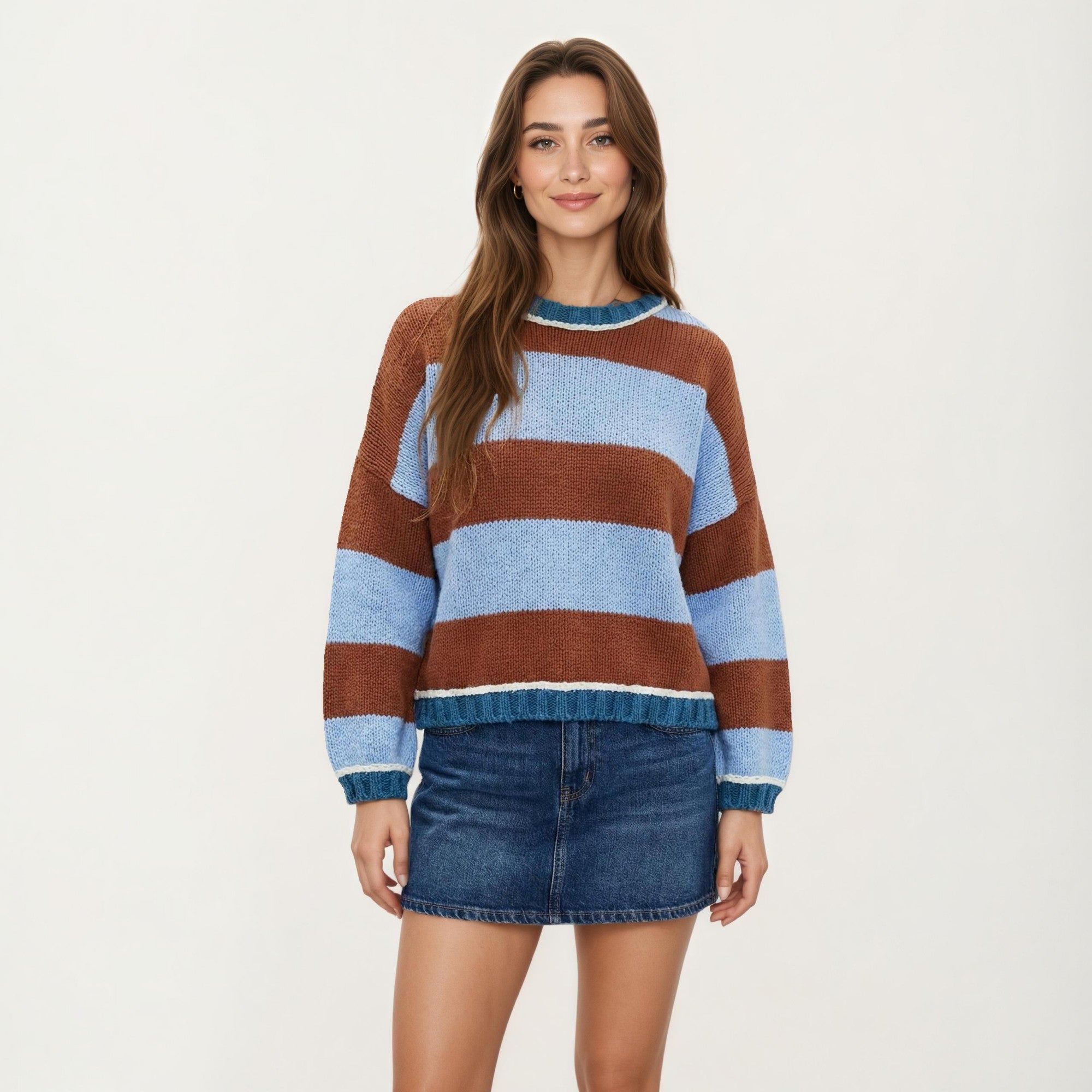 Anna-Kaci Women's Striped Knit Sweater with Color Block Design, Ribbed Trim and Relaxed Drop Shoulder Fit