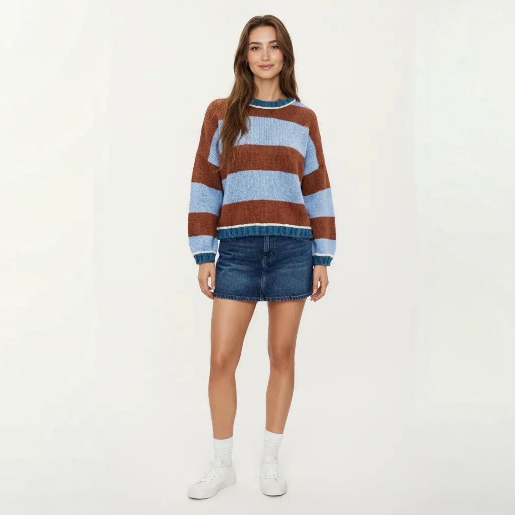 Anna-Kaci Women's Striped Knit Sweater with Color Block Design, Ribbed Trim and Relaxed Drop Shoulder Fit