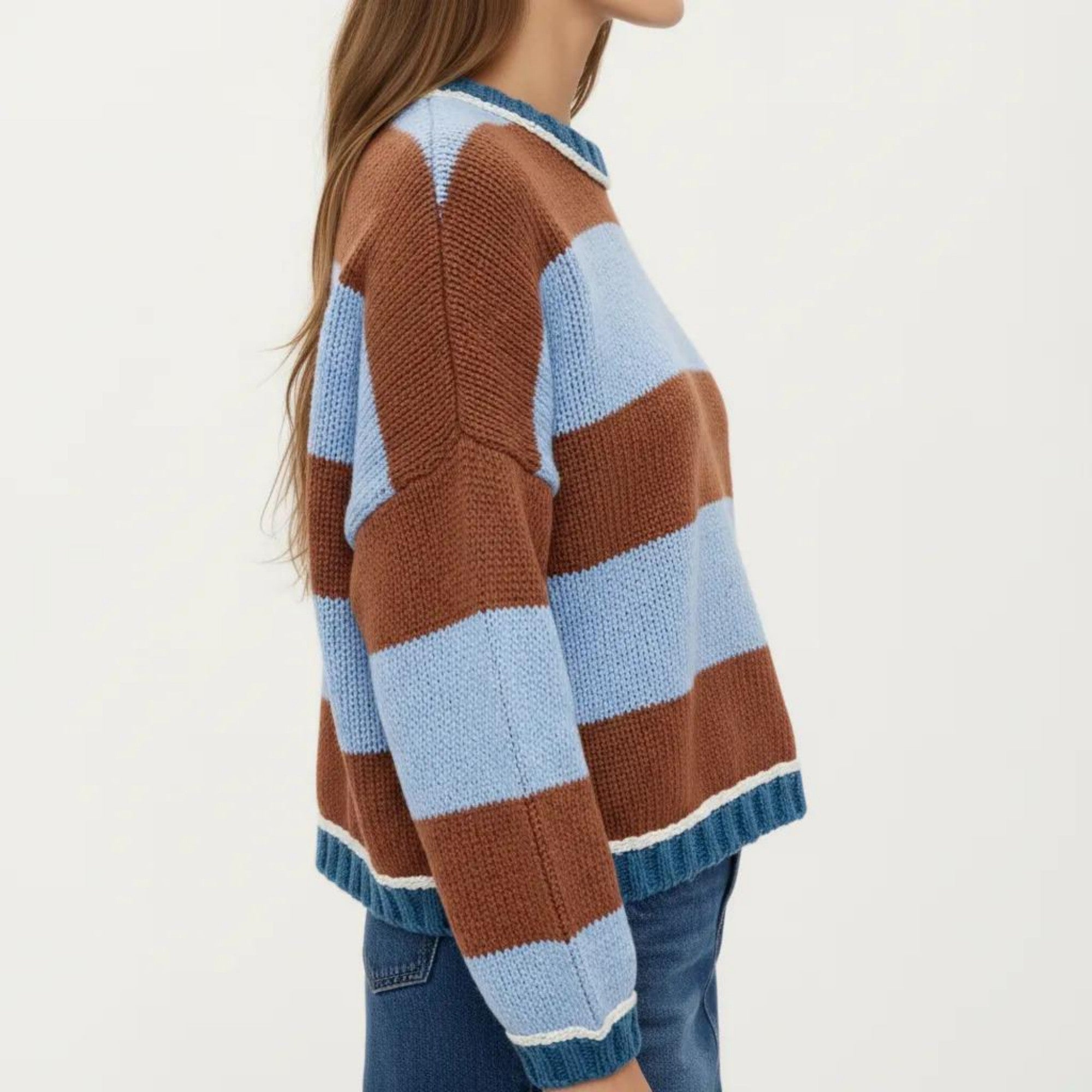 Anna-Kaci Women's Striped Knit Sweater with Color Block Design, Ribbed Trim and Relaxed Drop Shoulder Fit