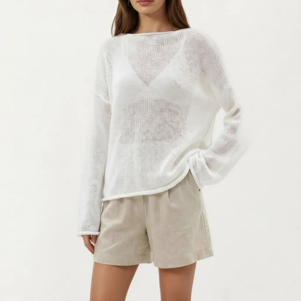 Anna-Kaci Women's Lightweight Open Knit Long Sleeve Sweater Top with Relaxed Fit and Subtle Sheer Texture