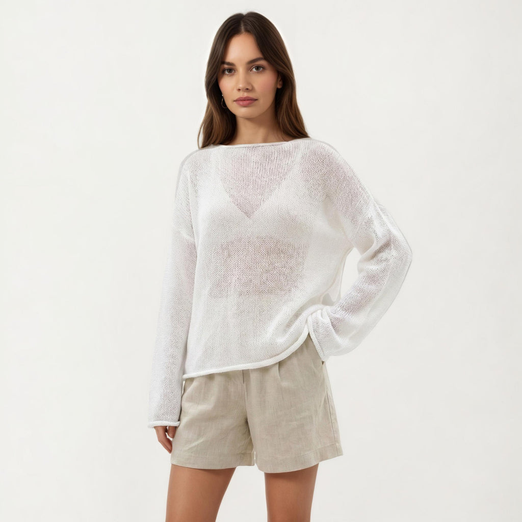 Anna-Kaci Women's Lightweight Open Knit Long Sleeve Sweater Top with Relaxed Fit and Subtle Sheer Texture